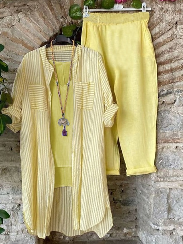  naisten lounge-asusetit yöllinen 2 kpl raita muoti mukavuus kotiin päivittäinen polyesteri käänne pitkähihainen paita housunappi ilman vyötä syksy kevät keltainen