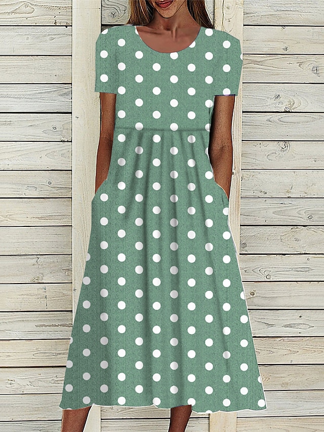 Women's Midi Dress Floral Polka Dot Pocket Print Crew Neck aily Date Short Sleeve Summer Spring 12