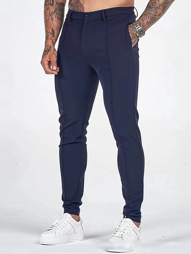 Men's Trousers Chinos Chino Pants Pocket Plain Comfort Breathable Business Casual Fashion Casual Black Dark Blue2