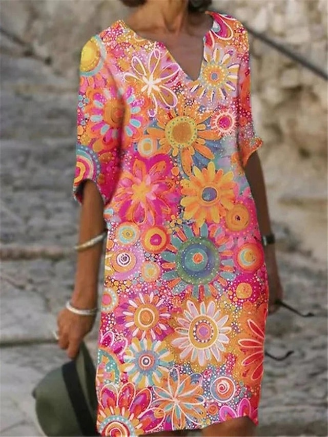  Women's Shift Dress Floral Print Split Neck Midi Dress Daily Date Half Sleeve Summer Spring
