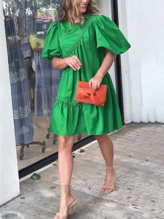  Γυναικεία Φόρεμα για πάρτυ Κοκτέιλ Φόρεμα Πράσινο φόρεμα Βαμβάκι Σουρωτά Στρογγυλή Ψηλή Λαιμόκοψη Φουσκωτό Μανίκι Κοντομάνικο Μίνι φόρεμα Πράσινο του τριφυλλιού Καλοκαίρι Άνοιξη