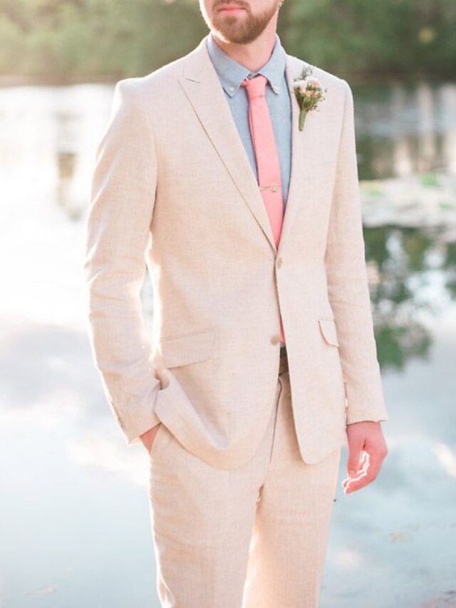 Pink Men's Linen Suits Summer Beach Wedding Suits 2 Piece Solid Colored
