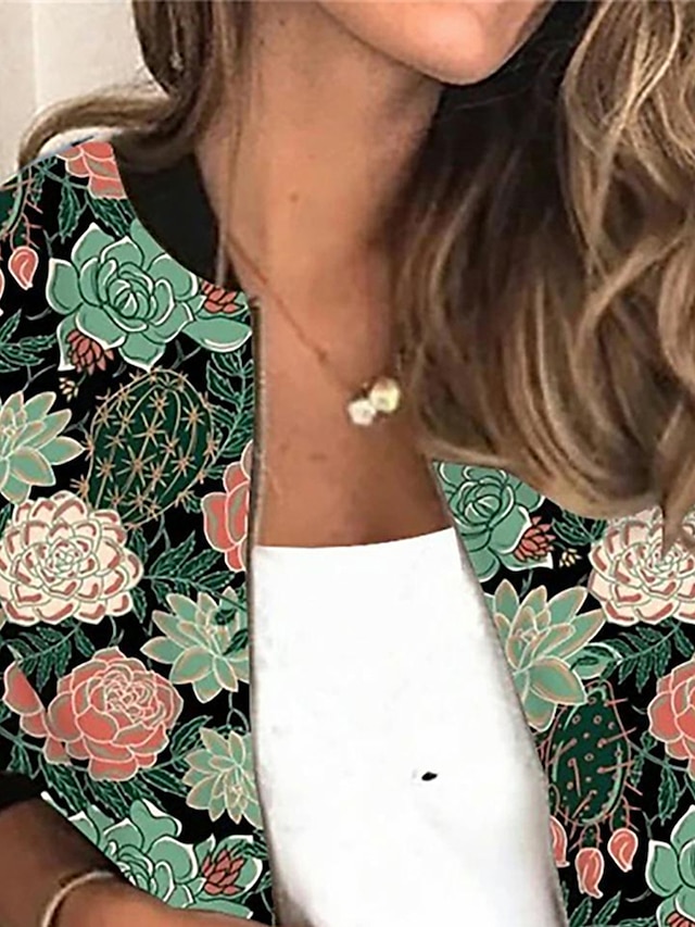  Jaqueta bomber feminina jaqueta casual ao ar livre zíper padrão floral respirável streetwear regular ajuste outerwear manga longa verão preto