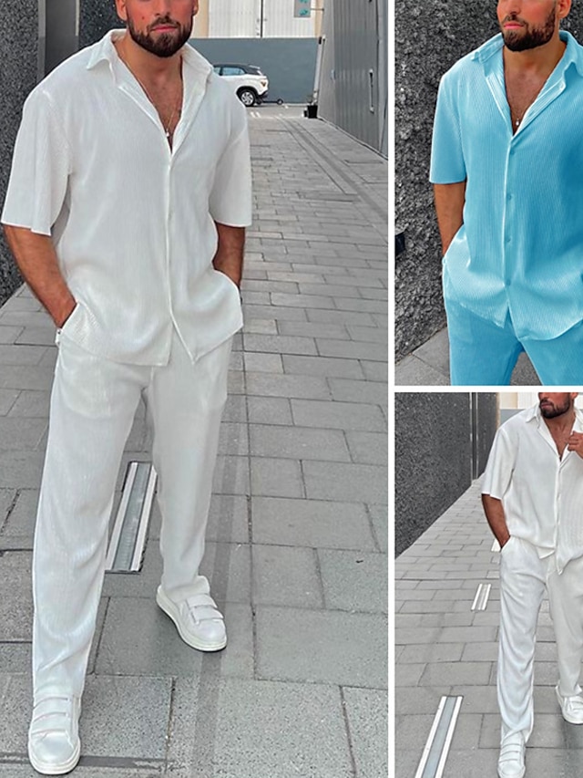  Voor heren Overhemd 2-delig Overhemdset Normaal shirt Wit blauw Korte Mouw Effen Revers Straat Vakantie Standaard Kleding Modieus Vrije tijd