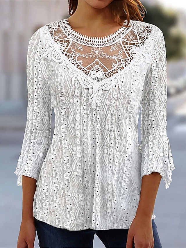  Damen Hemd Bluse Glatt Kontrastspitze Bestickt Öse Weiß Halbärmel Elegant Basic Rundhalsausschnitt Sommer