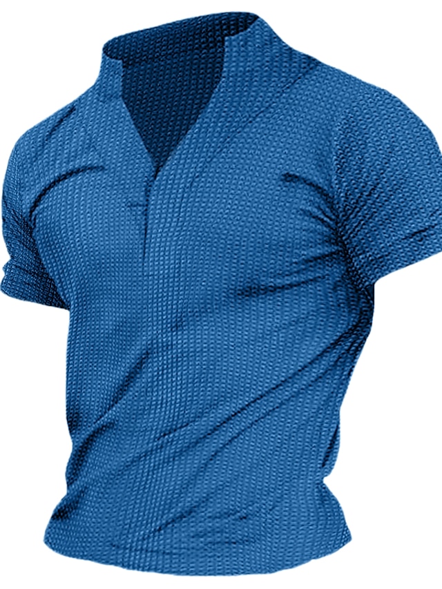  Hombre Camiseta Camisa de gofres Camiseta superior Plano Henley Calle Vacaciones Mangas cortas Ropa Moda Design Básico