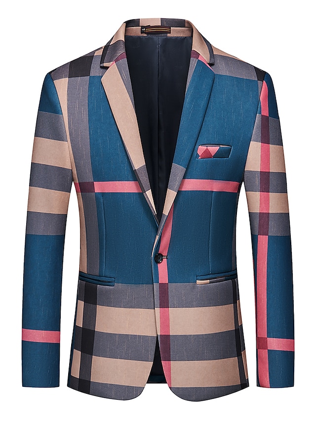  Men's Plaid Wedding Casual Blazer Jacket Checked Regular Standard Fit Geometry Single Breasted One-button Blue Khaki 2024