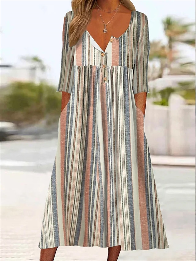  Tenue décontractée Robe d'été Robe imprimée Femme Géométrique marinière Imprimer Bouton Col fendu Mode Vêtement de rue Extérieur du quotidien Manche Courte Standard Rose Claire Bleu Vert Eté Printemps