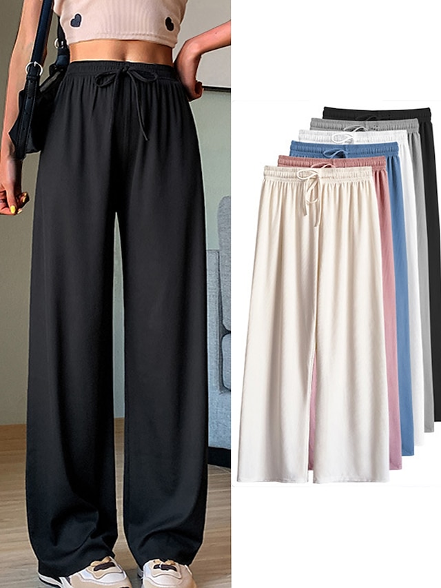  Women's Wide Leg Chinos Pants Trousers Plain Baggy Full Length Micro-elastic Mid Waist Streetwear Lightweight Outdoor Causal Black Pink S M Summer Spring