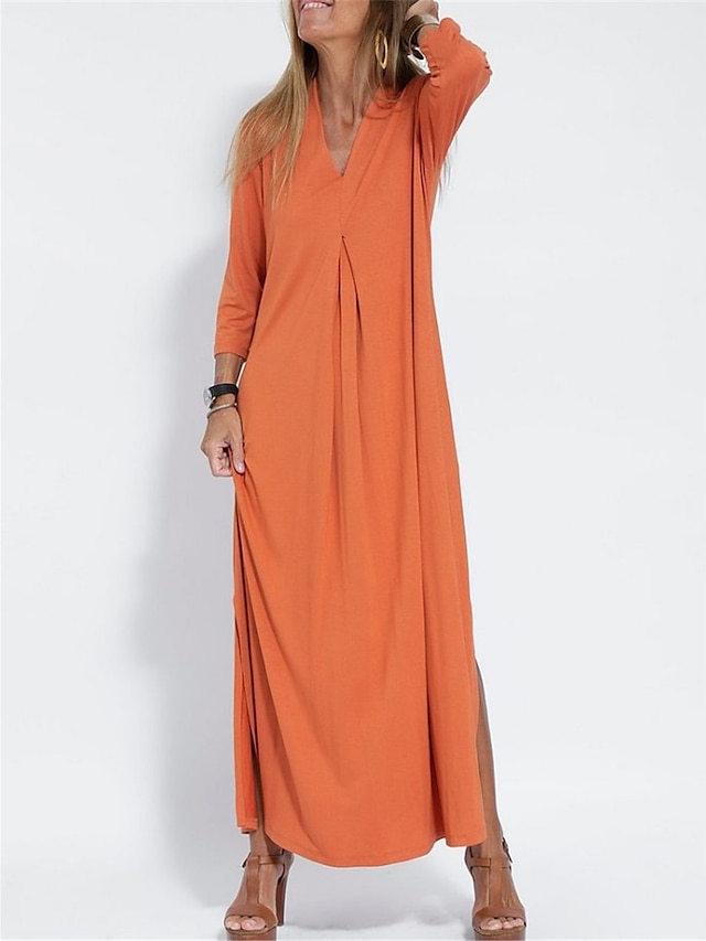 Damen Casual kleid Maxikleid Gespleisst Täglich Verabredung Modisch Basic V Ausschnitt 3/4 Ärmel Schwarz Orange Farbe