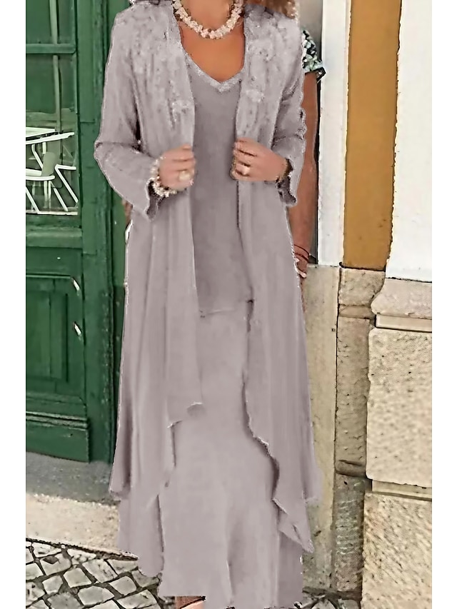  Two Piece A-Line Mother of the Bride Dress Formal Wedding Guest Elegant Plus Size Casual V Neck Floor Length Lace Linen Cotton Blend Sleeveless Jacket Dresses with Appliques 2024
