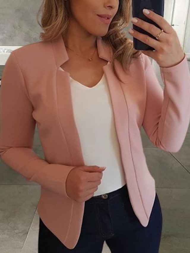  Women's Blazer Solid Color Classic Office / Business Long Sleeve Coat Spring Fall Valentine's Day Open Front Regular Jacket Light Pink