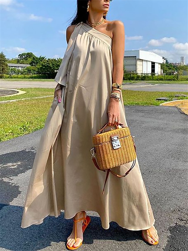  Women's Casual Dress Maxi long Dress Backless Bow Daily Date Fashion Basic One Shoulder Sleeveless Champagne Color