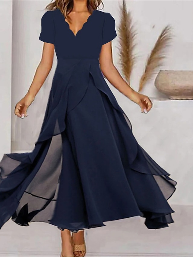  Women's Prom Dress Party Dress Wedding Guest Dress Long Dress Maxi Dress Navy Blue Short Sleeve Pure Color Ruffle Summer Spring Fall V Neck Fashion Evening Party Wedding Guest Vacation 2023 S M L XL