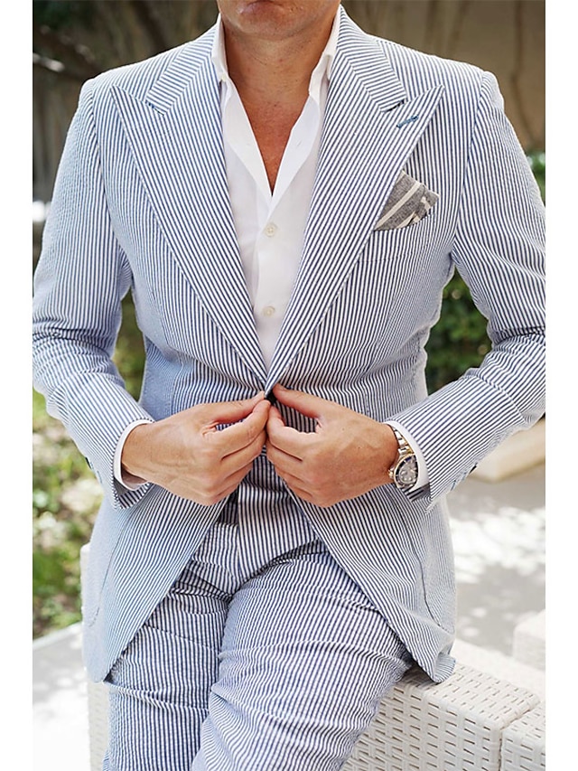 Blue Men's Seersucker Suits Beach Wedding Spring Summer Pinstripe Suit 2 Piece Solid Colored Standard Fit Single Breasted One-buttons 2024