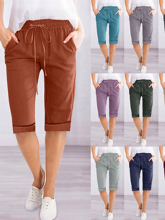  Women's Shorts Slacks Cotton Pocket High Waist Knee Length Dark Gray Summer