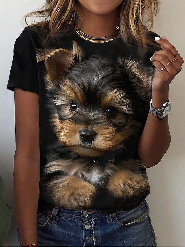  tricou dama basic dog print maneca scurta topuri obisnuite gat rotund zilnic weekend negru