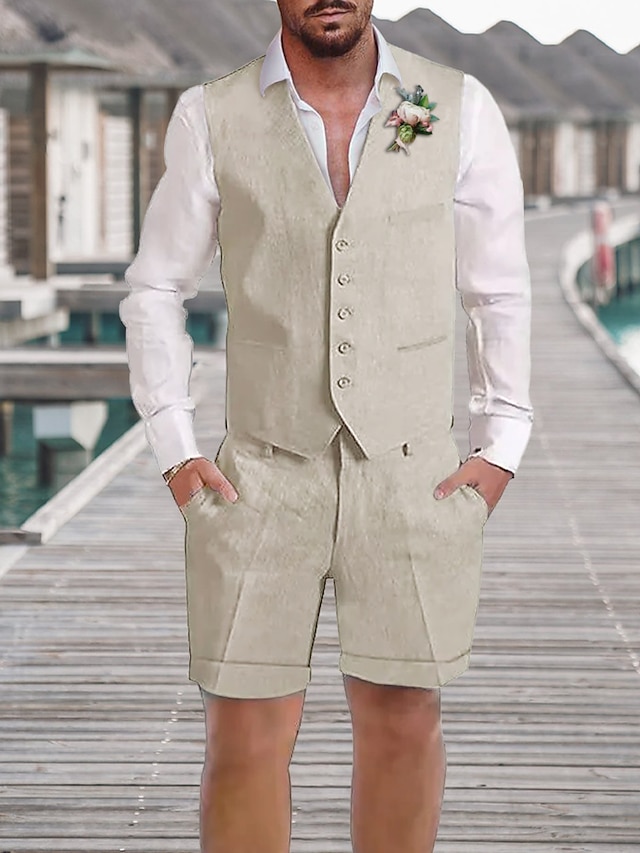 Champagne Sky Blue Beige Men's Linen Suits Wedding Shorts Waistcoat
