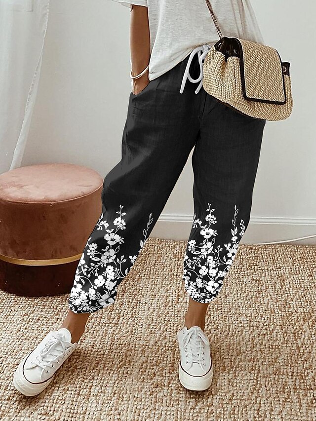  Women's Linen Pants Faux Linen Black Grey milk white Dark Chocolate Stylish Casual Daily Casual Daily Wear Pocket Full Length Comfortable Flower / Floral S M L XL XXL