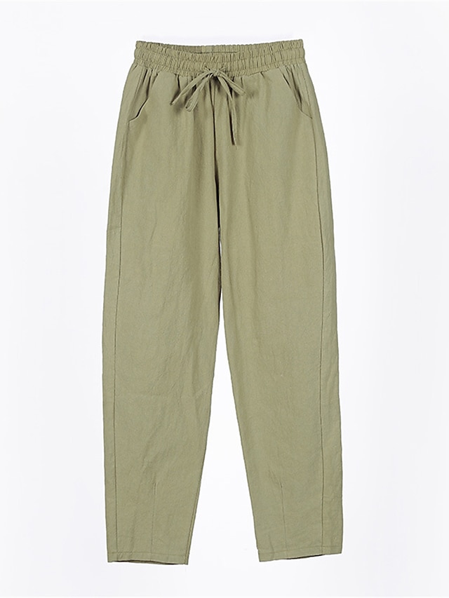  Women's Linen Pants Capri shorts Cotton Pocket Baggy Mid Waist Long Black Summer