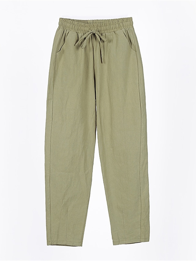  Dam Shorts i bomullslinne Linneinspirerade byxor Byxor av linne i bomull Streetwear Enkel Ledigt Lång Medium Midja Slät Ficka Snörning Opressade byxor Andningsfunktion Mjuk Utomhus Microelastisk
