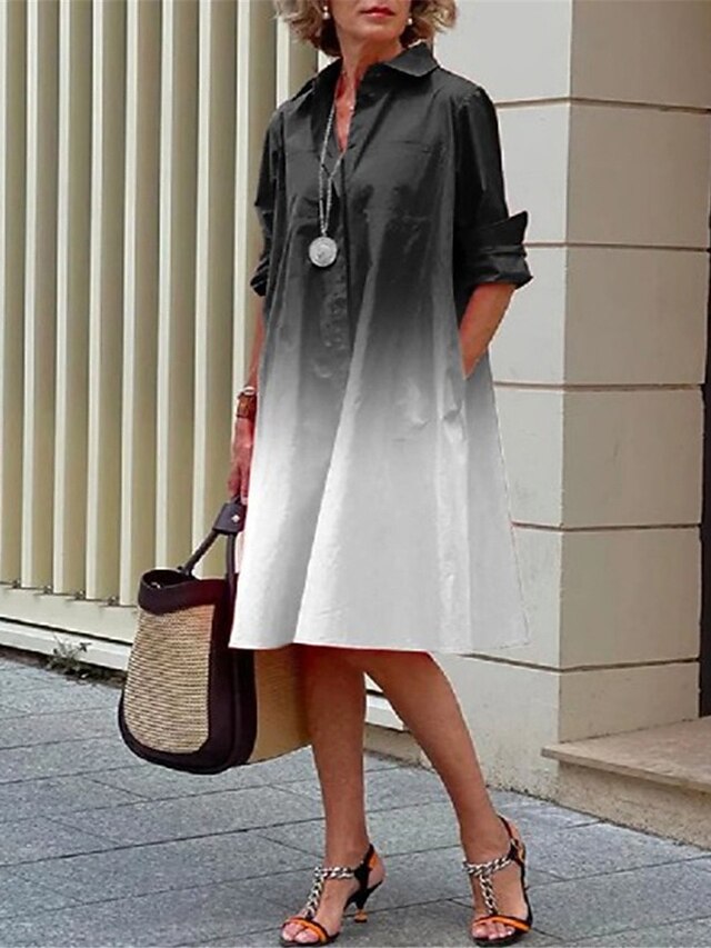  Damen Hemdkleid Freizeitkleid Etuikleid Midikleid Outdoor Alltag Urlaub Mode Modern Hemdkragen Knopftasche 3/4 Ärmel Sommer Frühling Lockere Passform Ombre