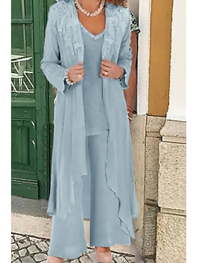 Beach Wedding Pantsuit 3 Piece Mother of the Bride Wedding Guest Elegant Party V Neck Floor Length Lace Linen Cotton Blend Sleeveless Jacket es with Beading Appliques3