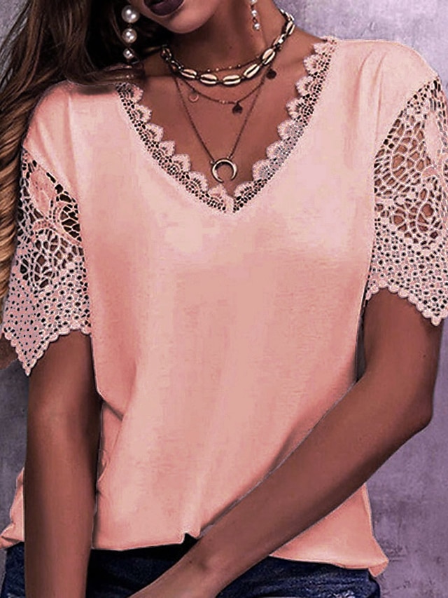  Damen T Shirt Glatt Casual Täglich Wochenende Ausgeschnitten Spitzenbesatz Rosa Kurzarm Elegant Modisch Basic V Ausschnitt