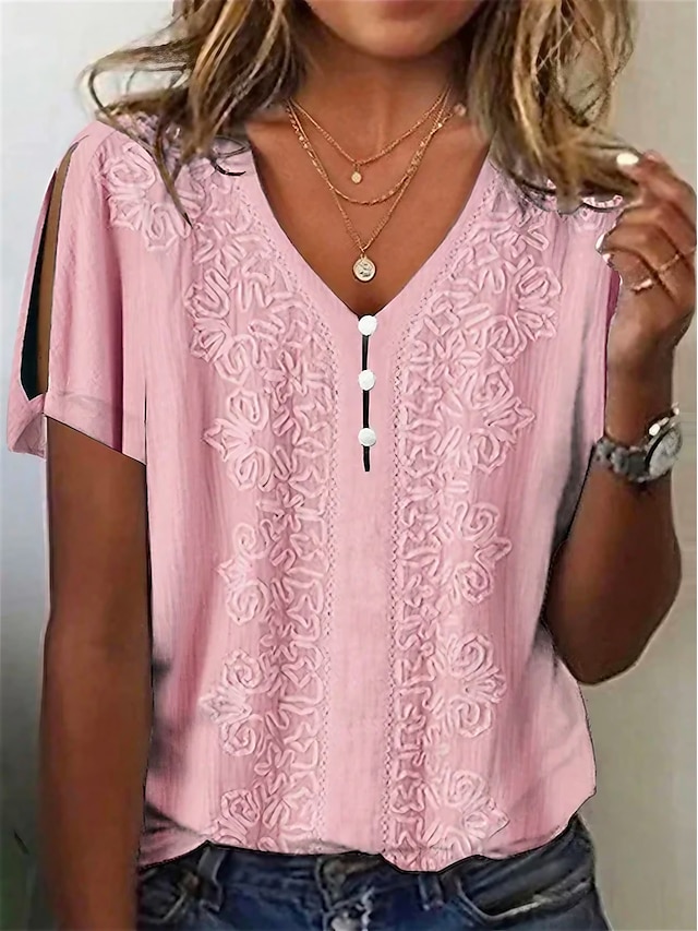  Damen T Shirt Henley Shirt Bluse Glatt Casual Taste Ausgeschnitten Rosa Kurzarm Basic V Ausschnitt