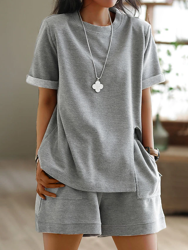 Women's Plus Size Loungewear Sets Pure Color Sport Casual Comfort Home Street Daily Breathable Crew Neck Short Sleeve T shirt Tee Shorts Pocket Summer Spring Home Outfits 6