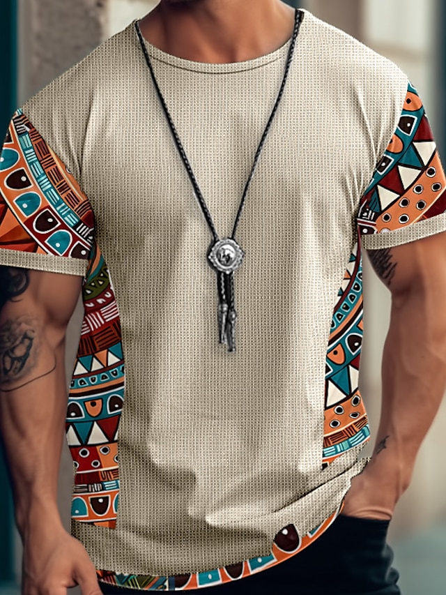  Homme T shirt Tee T-shirt en tricot gaufré T-shirt Tribal Col Ras du Cou Plein Air Vacances Manches courtes Vêtement Tenue Design Style Ethnique basique