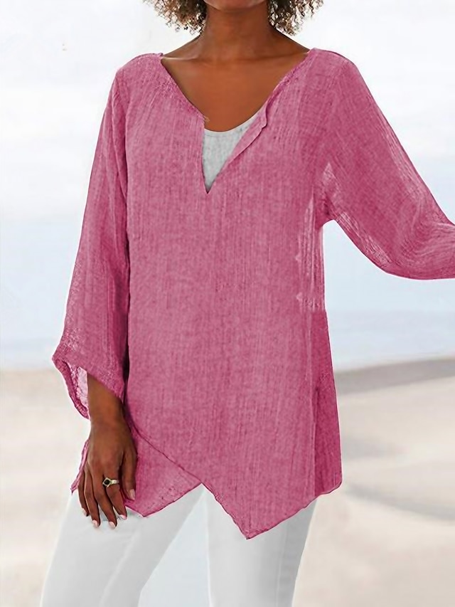  Women's Shirt Blouse Linen Plain Asymmetric Casual Daily Solid Basic Long Sleeve V Neck White Summer Spring