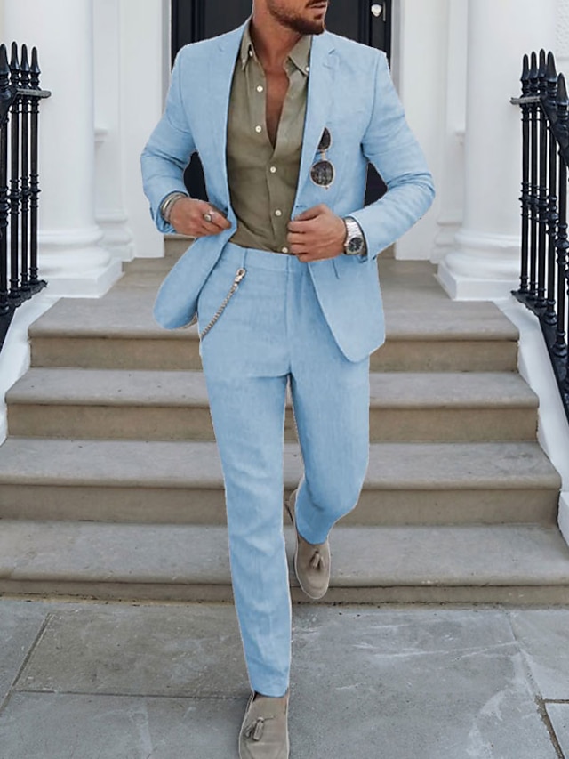 Sky Blue Men's Summer Linen Suits Beach Wedding 2 Piece Solid Colored ...