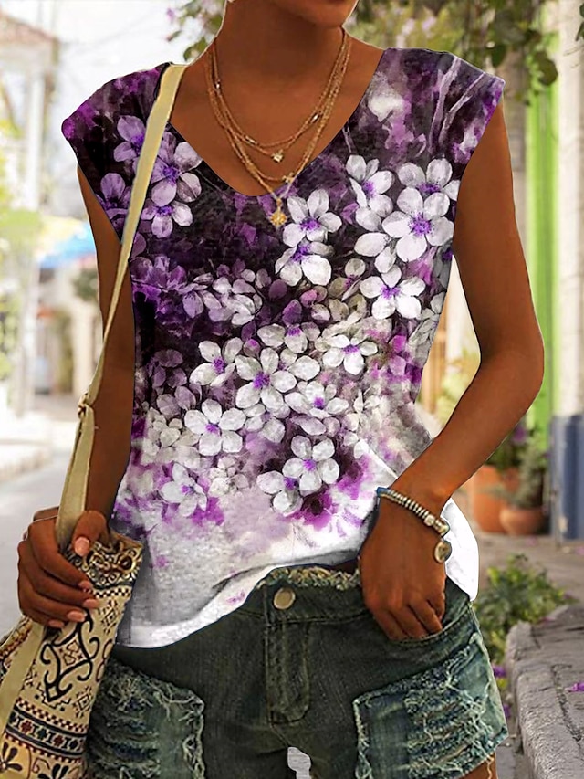  Top Canottiera da Donna Basic Stampa Floreale Senza Maniche Top Regolari V Neck Casual Festa Blu Viola Verde