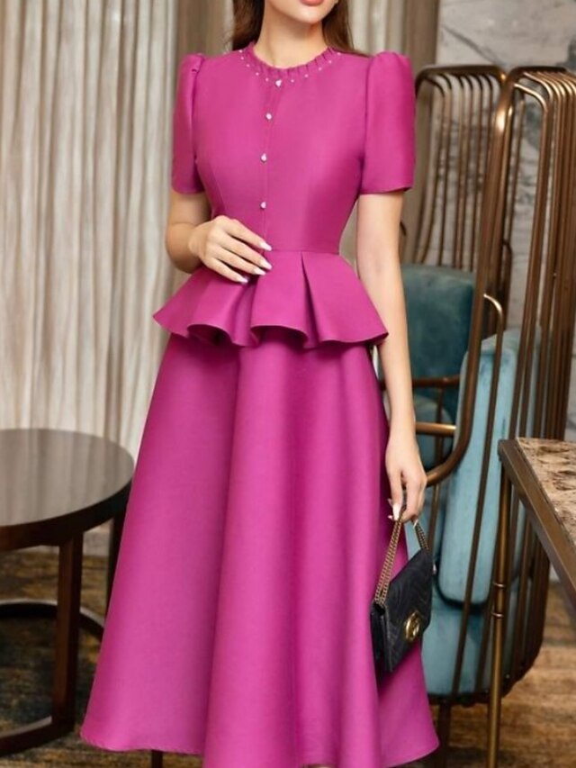 A-Line Mother of the Bride Dress Wedding Guest Elegant Vintage High Neck Tea Length Satin Short Sleeve with Sash / Ribbon Bow(s) Pleats main image 0