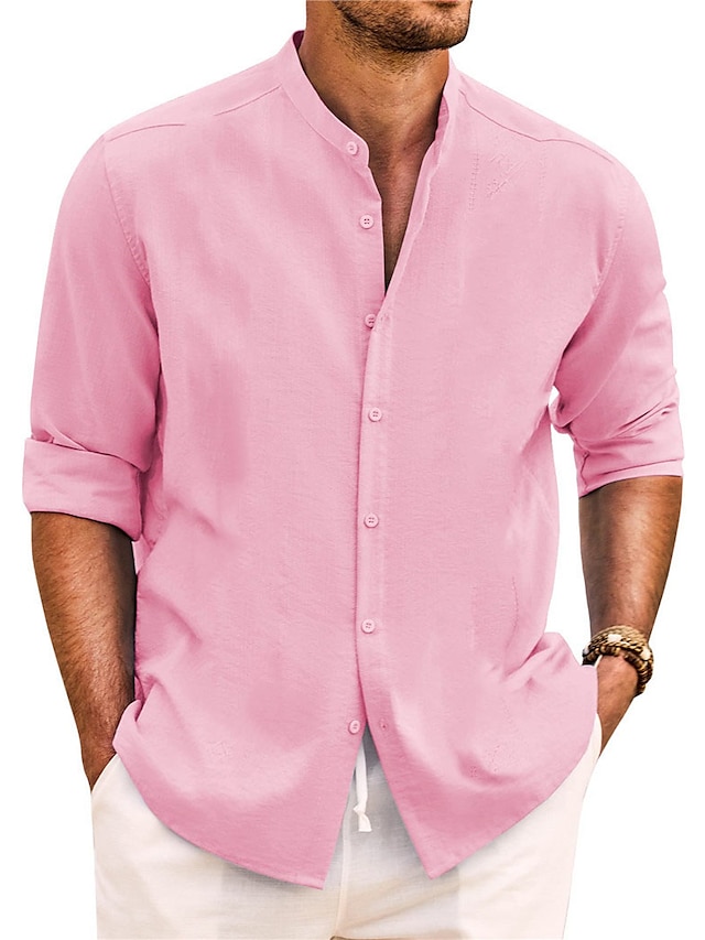  Homens Camisa Social camisa de linho camisa de botão Camisa casual camisa de verão camisa de praia Preto Branco Rosa Manga Longa Tecido Faixa Primavera Verão Casual Diário Roupa