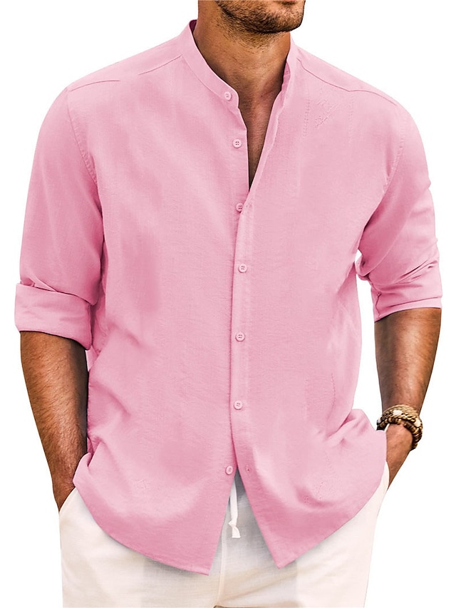  Per uomo Camicia Camicia con colletto a fascia Camicia estiva Abbigliamento mare Maglietta informale Camicia con bottoni Liscio Da mare Informale Nero Bianco Rosa Verde Manica lunga A fascia
