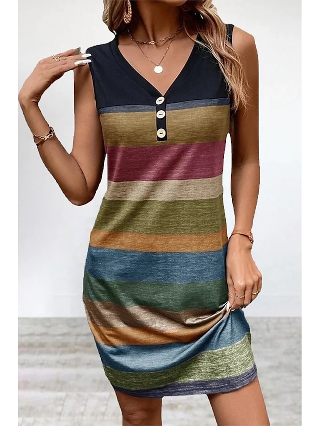  نسائي فستان تصميم تانك ألوان متناوبة أزرار طباعة V رقبة فستان ميدي بدون كم الصيف