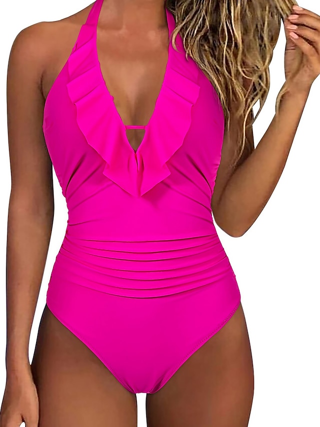  Sexy Deep V-Neck Swimwear for Women Backless Halter Neck One Piece Swimsuit Ruffle Plunge Padded Bathing Suits Cute Beach Wear Solid Colors