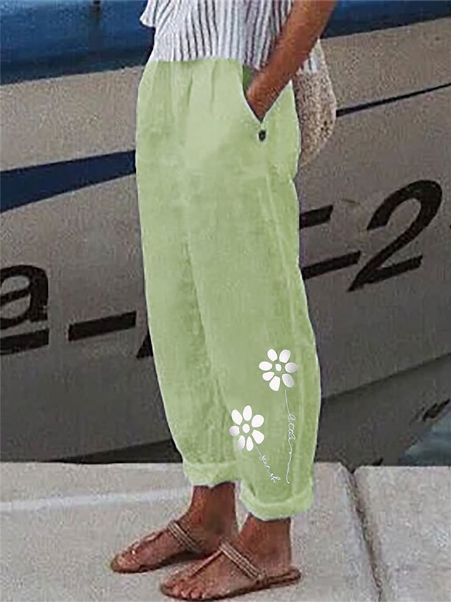  Γυναικεία Λευκά παντελόνια Ψεύτικο Λινό Φλοράλ Θαλασσί Πράσινο του τριφυλλιού Μοντέρνα Πλήρες μήκος Καθημερινά