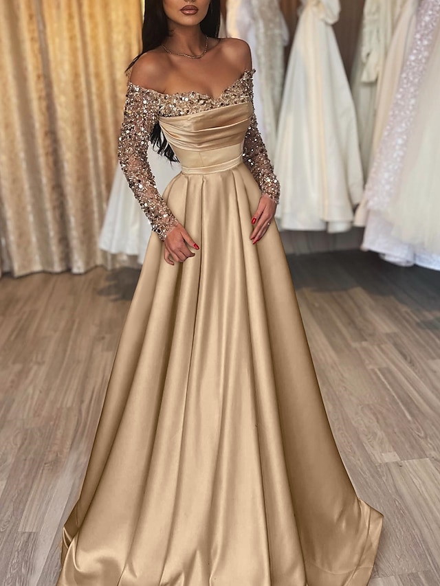  Ball Gown Party Dress Evening Gown Party Dress Hot Dress Engagement Wedding Reception Sweep / Brush Train 3/4 Length Sleeve Off Shoulder Satin with Sequin 2024