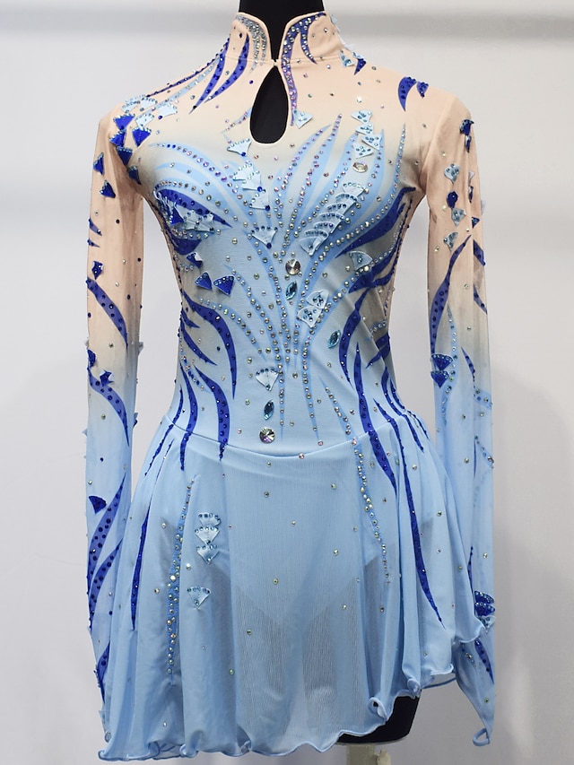  Figure Skating Dress Women's Girls' Ice Skating Dress Outfits Sky Blue Mesh Spandex High Elasticity Competition Skating Wear Handmade Crystal / Rhinestone Long Sleeve Ice Skating Figure Skating