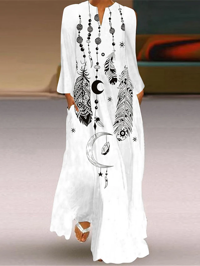 Women's Maxi Dress Shift Dress Swing Dress Long Dress Green Blue Grey White Black Long Sleeve Feather Butterfly Pocket Print Summer Spring V Neck Stylish Casual Dress 2023 S M L XL XXL XXXL 4XL 5XL 14