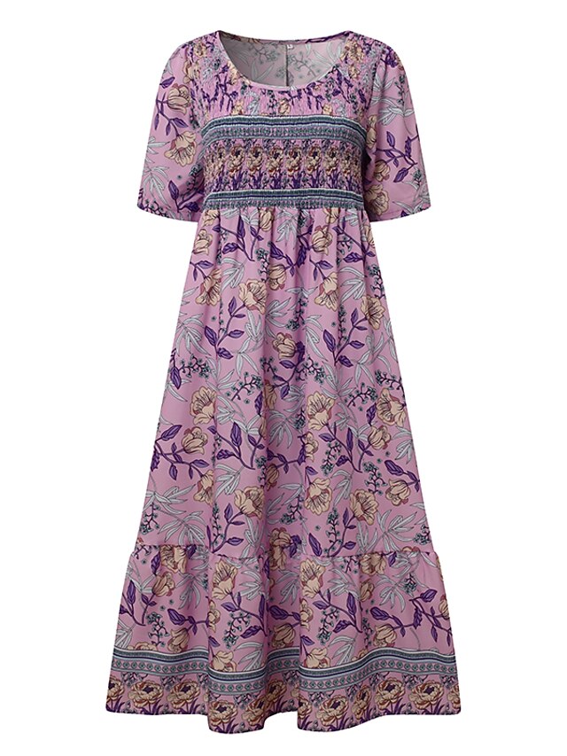 Women's A Line Dress Floral Ruched Pocket Crew Neck Midi Dress Daily ...