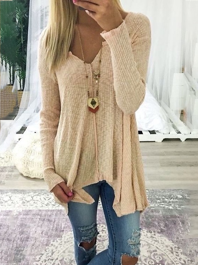  Women's Pullover Sweater Knitted Solid Color Basic Casual Long Sleeve Sweater Cardigans V Neck Fall Winter Spring Blue Blushing Pink Gray