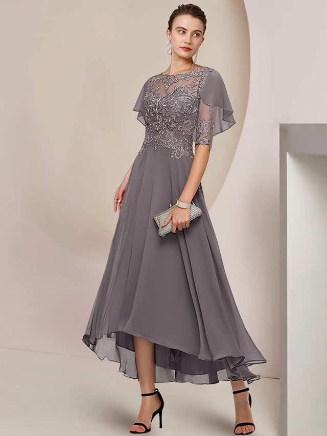  A-Line Mother of the Bride Dress Formal Wedding Guest Elegant Scoop Neck Asymmetrical Tea Length Chiffon Lace Half Sleeve with Beading Appliques 2024