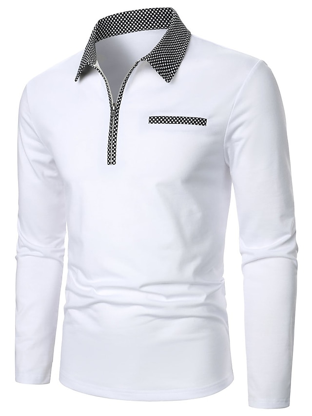 Men's Polo Shirt Quarter Zip Polo Work Daily Wear Lapel Long Sleeve Fashion Comfortable Color Block Pocket Zip Up Summer Spring Regular Fit White Polo Shirt