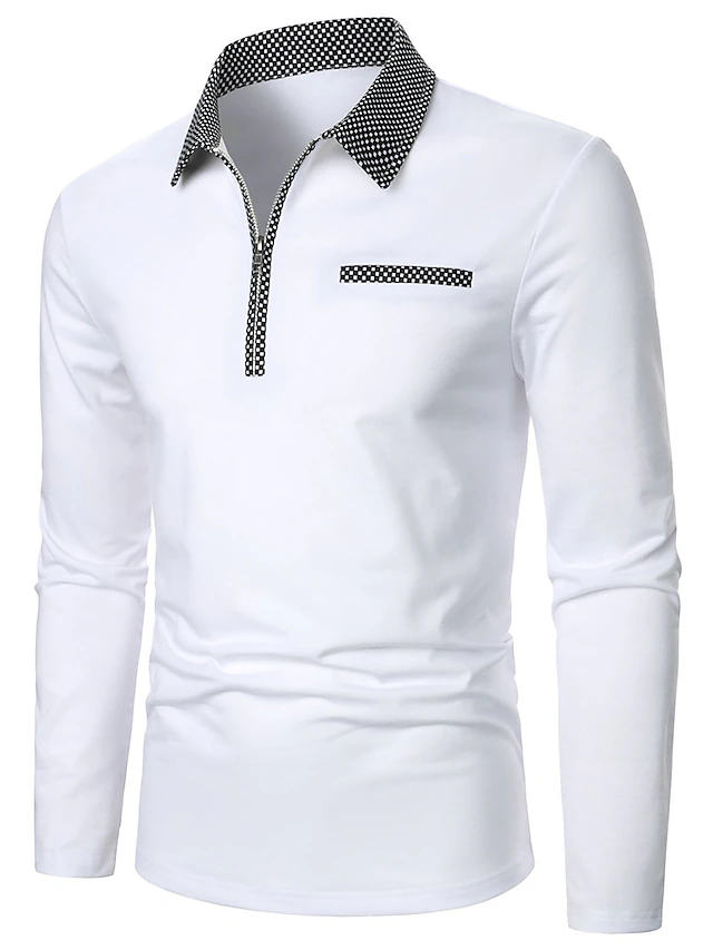 Men's Polo Shirt Quarter Zip Polo Work Daily Wear Lapel Long Sleeve Fashion Comfortable Color Block Pocket Zip Up Summer Spring Regular Fit White Polo Shirt 6