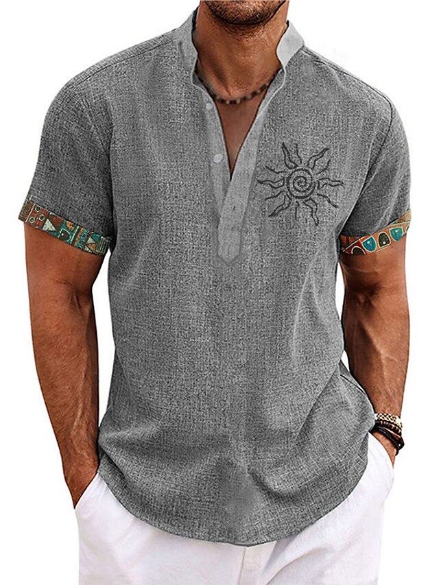  Men's Shirt Linen Shirt Sun Graphic Prints Vintage Stand Collar Blue-Green Blue Green Khaki Gray Outdoor Street Short Sleeve Print Clothing Apparel Linen Fashion Streetwear Designer Casual