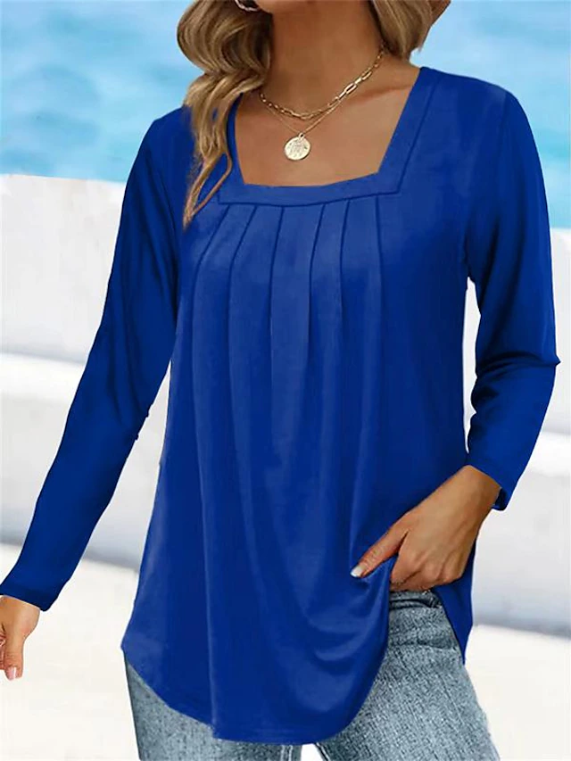 Women's Plain Pleated Casual Square Neck Long Sleeve T-shirt 2024 - $19.99